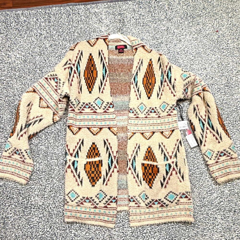 Rock & Roll Denim Women's Beige Geometric Knit Open Front Cardigan Sweater M